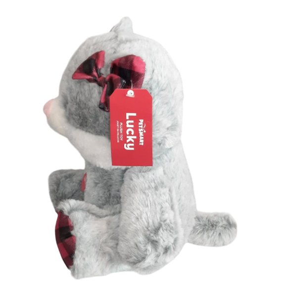 2023 PetSmart Lucky The Cat Squeaker Gray & Red Plaid Pet Plush Toy 10" NEW - Picture 4 of 7
